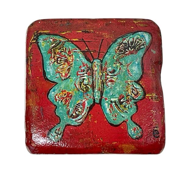 Handcrafted Coaster Set Whimsical 4"x4" Emily Little - Little e Studio W Holder - Picture 7 of 14